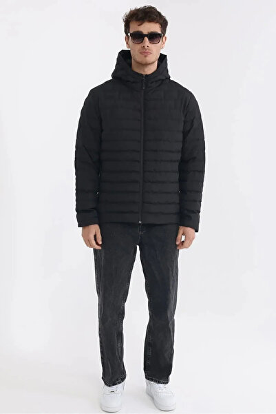 D1fference Erkek Siyah Astarlı Rüzgar Geçirmez Kapüşonlu Kışlık Mont
