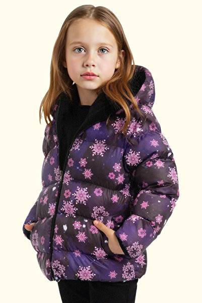 freemen Kız Çocuk Mor Kar Tanesi Desen Polar Su Ve Rüzgar Geçirmez Kapüşonlu Şişme Kışlık Mont