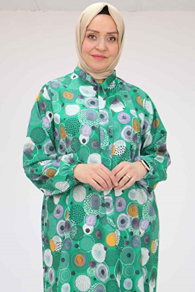 Eslina F-58023 Plus Size Jesica Tunic with Tie Collar - Circle Pattern Beneton