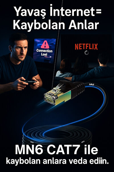 MN6 M109F 20 Metre Cat7 Kablo/Bakır Tel-50 Mikron Altın Kaplama-10Gbps/STP/20 Cat7 Ethernet Kablosu