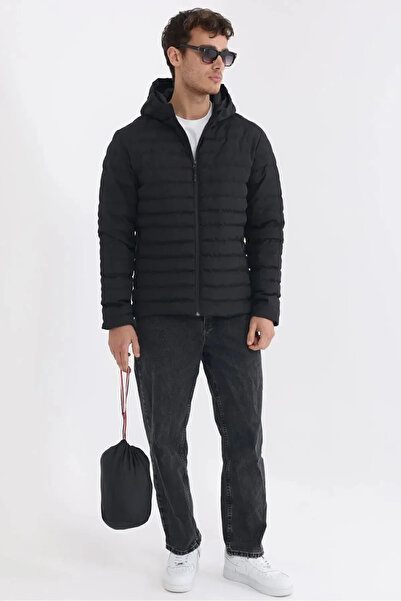 D1fference Erkek Siyah Astarlı Rüzgar Geçirmez Kapüşonlu Kışlık Mont