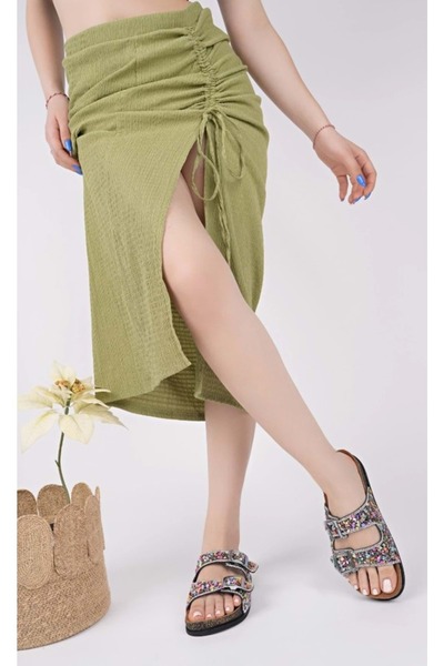 KOCAMANLAR Feles Double Buckle Cork Sole Stone Detailed Women's Slippers Black