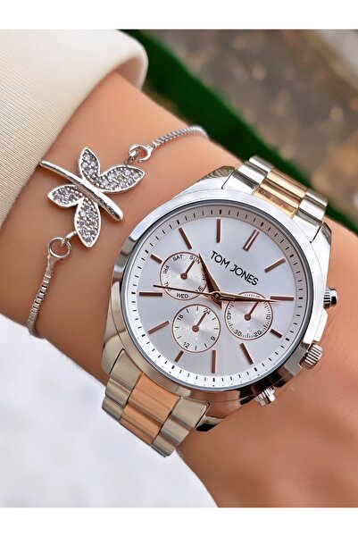 Tom Jones Marka Rose Gümüş Renk Büyük Kasa Çelik Kordon 2 Yıl Garantili Kadın...