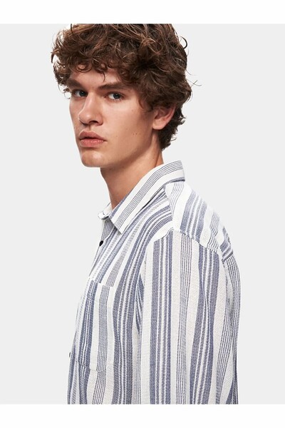 Ltb Keten Görünümlü Çizgili Relaxed Uzun Kollu Mavi Gömlek