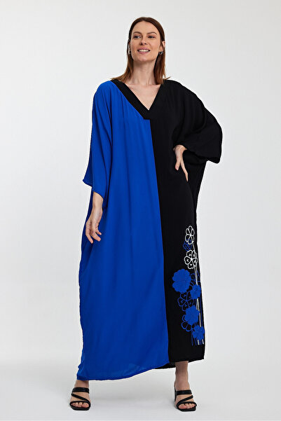bacc Saks Color Block Embroidered Long Shirt Dress - V-Neck Bcvl-24958