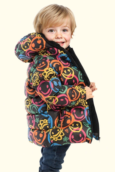 freemen Chlapecký smajlík Emoji zimní nafukovací kabát s fleecovou kožešinou uvnitř, vodě a větruodolný s kapucí a kapsami