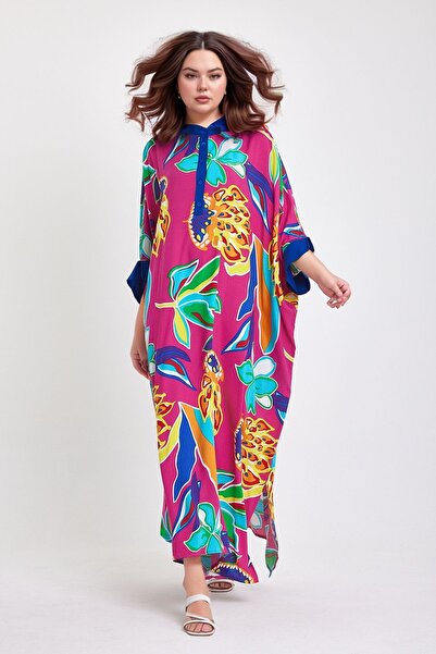 bacc Rochie țesătă lungă, cu guler fuchsia, cu modele florale, pentru femei B...