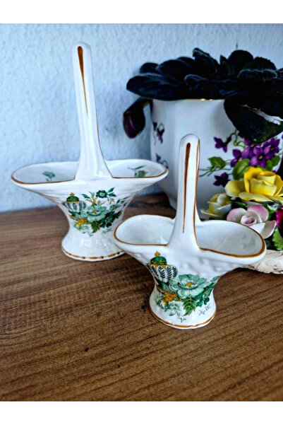 Staffordshire Antika İngiliz Yeşil Çiçek Desenli Kabartma Detaylı Altın Yaldızlı Kemik Porselen Sepet Şekerlikler