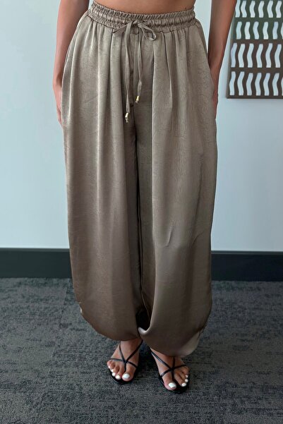 Laluvia Mink Satin Baggy Trousers with Elastic Waist - 51199