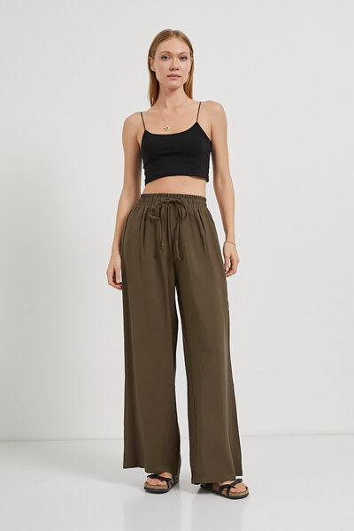 Arma Life Women's Elastic Waist Wide Leg Khaki Baggy Trousers