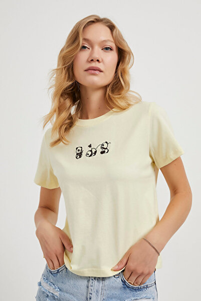 Arma Life Γυναικείο μπλουζάκι με στάμπα Panda με λαιμόκοψη, φαρδύ κίτρινο μπλ...