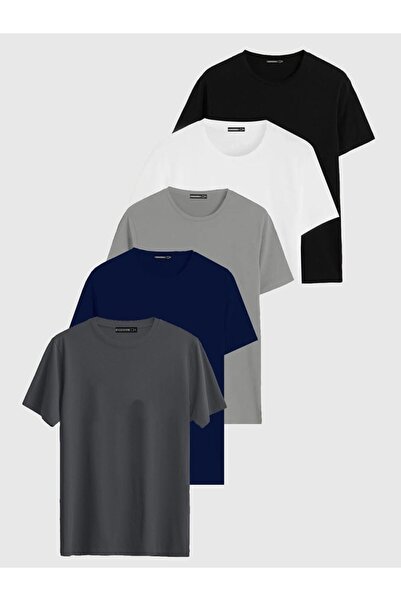 noetr Erkek 5li Kısa Kollu Bol Bisiklet Yaka Basic Tişört