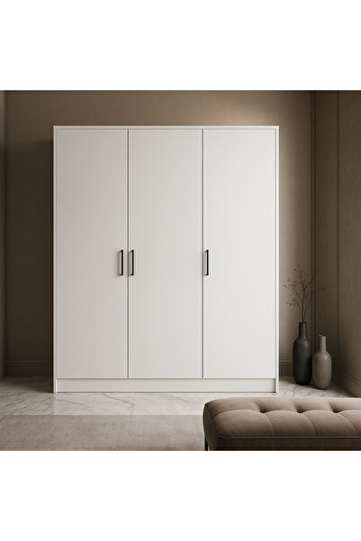 Tasarım %100 Mdf 3 Kapaklı Yüklük Dolap | 180X135X50 cm | Beyaz – Modern Çok Amaçlı Gardrop