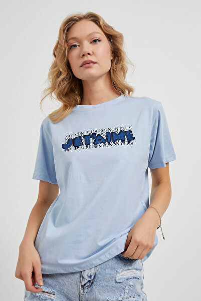 Arma Life Tricou albastru cu decolteu rotund cu imprimeu text pentru femei