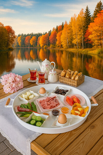 Kuzeyli 3'Lü (51, 41, 31 CM) Ahşap Kulplu Metal Tepsi | Çay Tepsisi | Kahve T...