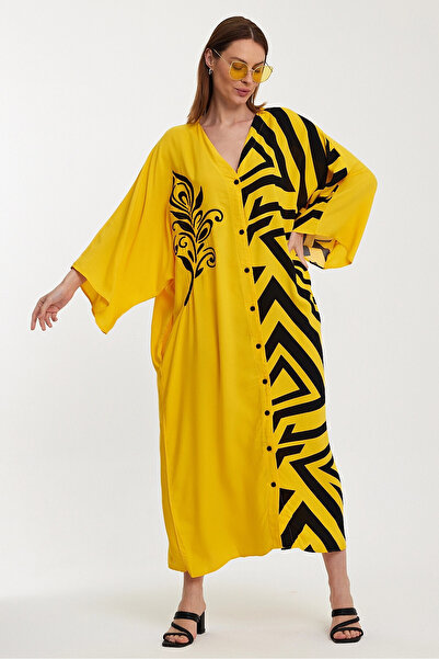 bacc Yellow Embroidered - Color Block Women's Long Woven Dress Bcvl-241016