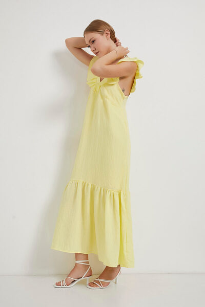 Arma Life Γυναικείο βολάν V λαιμόκοψη Αμάνικο φαρδύ κίτρινο μακρύ φόρεμα