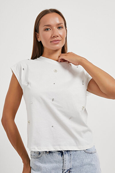 Arma Life Women's Stone Patterned Sleeveless Summer White Loose T-Shirt