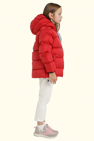 freemen Kız Çocuk Kırmızı Polarlı Kürklü Kapüşonlu Su Geçirmez Rüzgara Dayanıklı Şişme Kışlık Mont