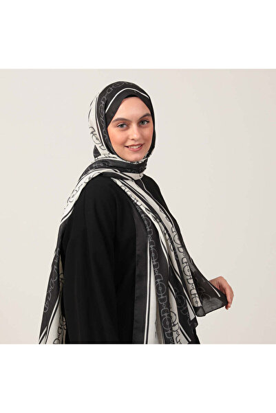 ipekistanbul Βαμβακερό μεταξωτό σάλι - Μοτίβο αλυσίδας - Ασπρόμαυρο