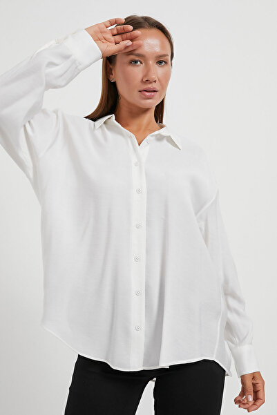 Arma Life Women's Long Sleeve Basic Polo Neck White Loose Shirt