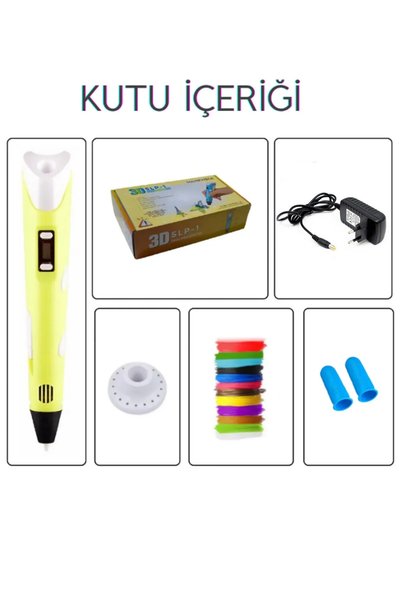 ESTRON Sarı 3d Kalem 3d Pen Yazıcı Kalem | 20 Adet 5 Metre (TOPLAM 100 METRE) Filament Adaptörlü
