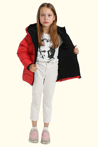 freemen Kız Çocuk Kırmızı Polarlı Kürklü Kapüşonlu Su Geçirmez Rüzgara Dayanıklı Şişme Kışlık Mont