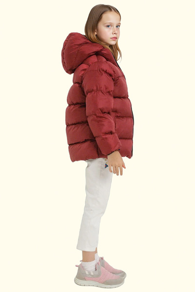 freemen Çocuk Bordo Polarlı Kürklü Kapüşonlu Su Geçirmez Rüzgara Dayanıklı Şişme Kışlık Mont