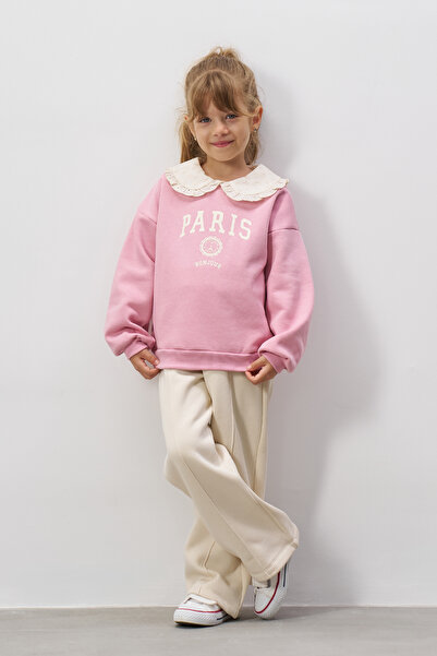 Minipodyum Printed Brode Collar Girl's Bottom Top Set