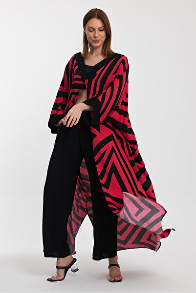 bacc Red Geometric Patterned Women's Pants and Kimono Jacket Set - BCVL-241015