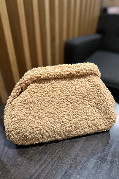 BAHELS Kadın Camel Peluş Teddy Clutch Portföy Çanta