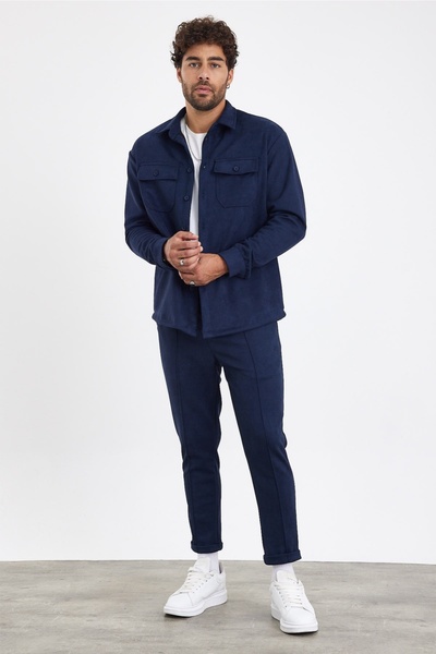 MADZEYMODA New Season Men's Trousers and Shirt 2-Piece Navy Blue Suede Suit Mz0802
