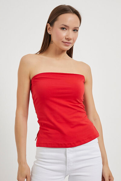 Arma Life Women's Slit Strapless Back Low-Cut Red Bodysuit