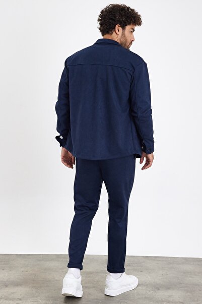 MADZEYMODA New Season Men's Trousers and Shirt 2-Piece Navy Blue Suede Suit Mz0802