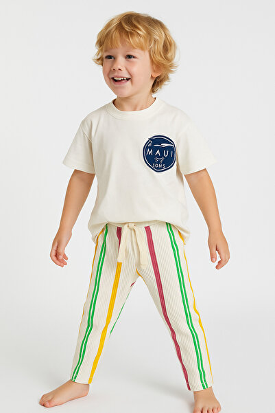 minibambi طقم للأولاد مخطط باللون الأبيض - تي شيرت قطني بنمط القرش وبنطلون من...