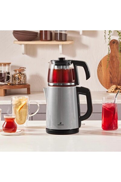 Karaca 2 in 1 Tea Maker with Glass Teapot and Kettle Stainless Steel Anthracite