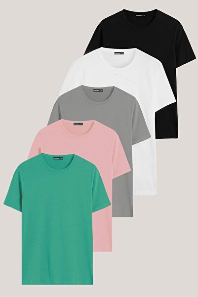 DK DAKSEL Kadın 5li Pamuklu Kısa Kollu Bisiklet Yaka Bol Tişört