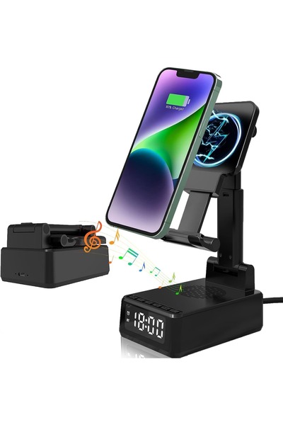 A AOOR 15W Wireless Charging Station, LED Clock & Alarm, Bluetooth 5.3 Speaker and Foldable Phone Holder