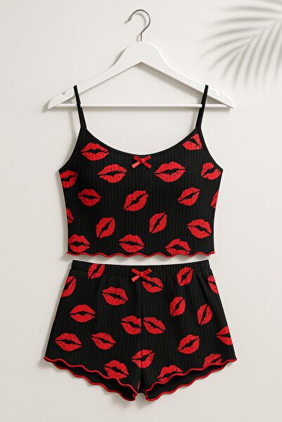 Gawzera Lily Bicnca Women's Black Rope Strap Red Lip Patterned Mini Short Suit