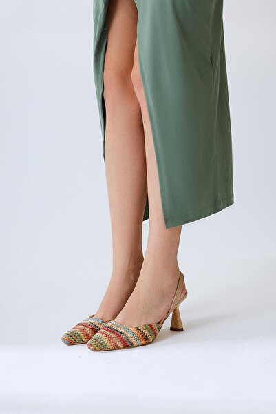 Limoya Maddy Multicolored Knit Detailed Pointed Toe Heeled Women's Sandals