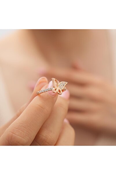 Siset Gümüş 925 Ayar Gold Rose Kaplama Zirkon Taşlı Kelebek Model Gümüş Yüzük
