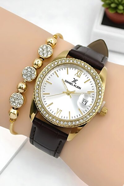 Daniel Klein Women's Wristwatch, Leather Cord, Steel Case+Bracelet Gift Coffee-Gold Zmdk1198