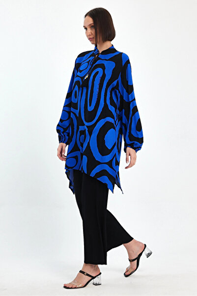 bacc Women's Saks Geometric Patterned Trousers and Long Tunic Bottom Top Set Bcvl- 241017
