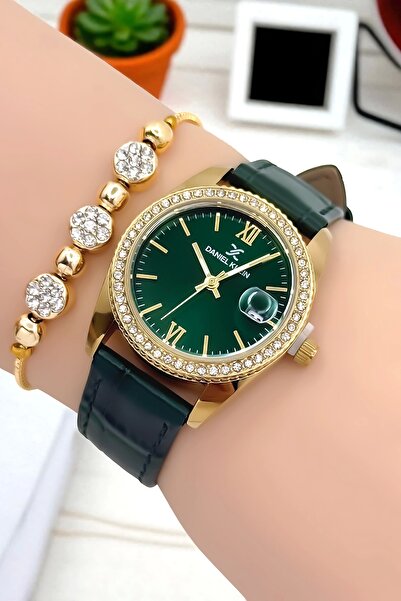 Daniel Klein Women's Wristwatch, Leather Cord, Steel Case+Bracelet Gift Green-Gold Zmdk1198