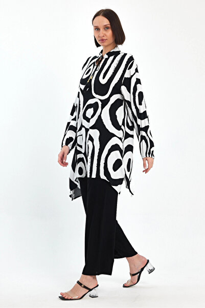 bacc Women's Black and White Geometric Patterned Trousers and Long Tunic Bottom Top Set Bcvl- 241017