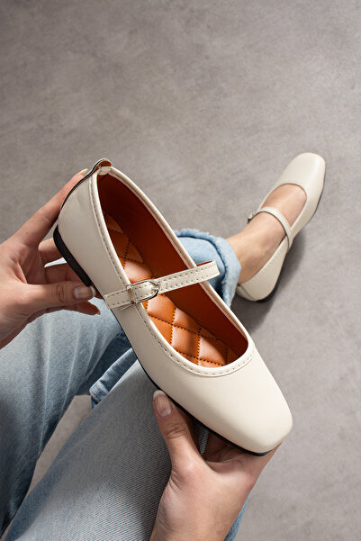 BirEylül Shoes Kadın Babet Bej Deri Küt Burunlu