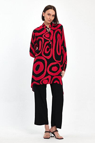 bacc Women's Red Geometric Patterned Trousers and Long Tunic Bottom Top Set Bcvl- 241017