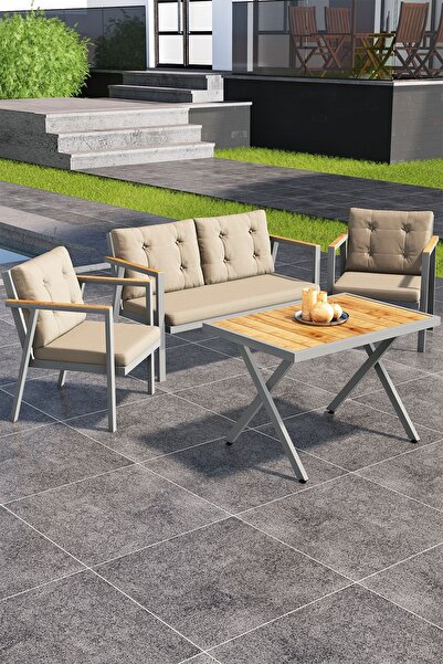 asaella mobilya Sierra 2+1+1 Metal İskeletli Suya Dayanıklı Bahçe Balkon Mobi...