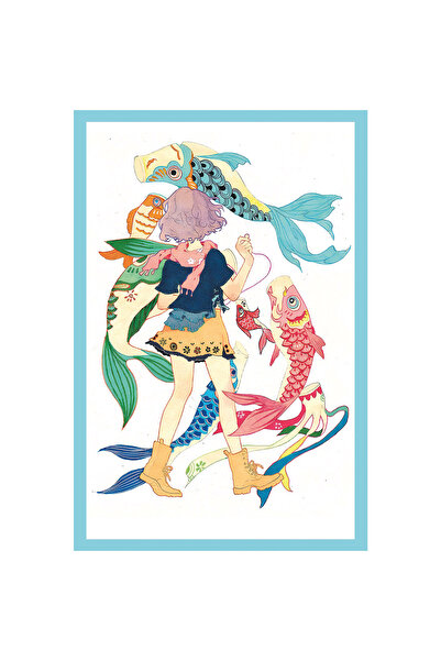 Hi Kami رسم توضيحي ملون للفن الياباني على شكل سمكة وفتاة - بطاقة بريدية وبطاقة هدية |   10x15 سم