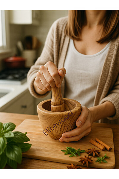 ELİTEVOOOD El Yapımı Doğal Zeytin Ağacı Havan - Antibakteriyel, Sağlıklı, Dayanıklı Mutfak Gereci